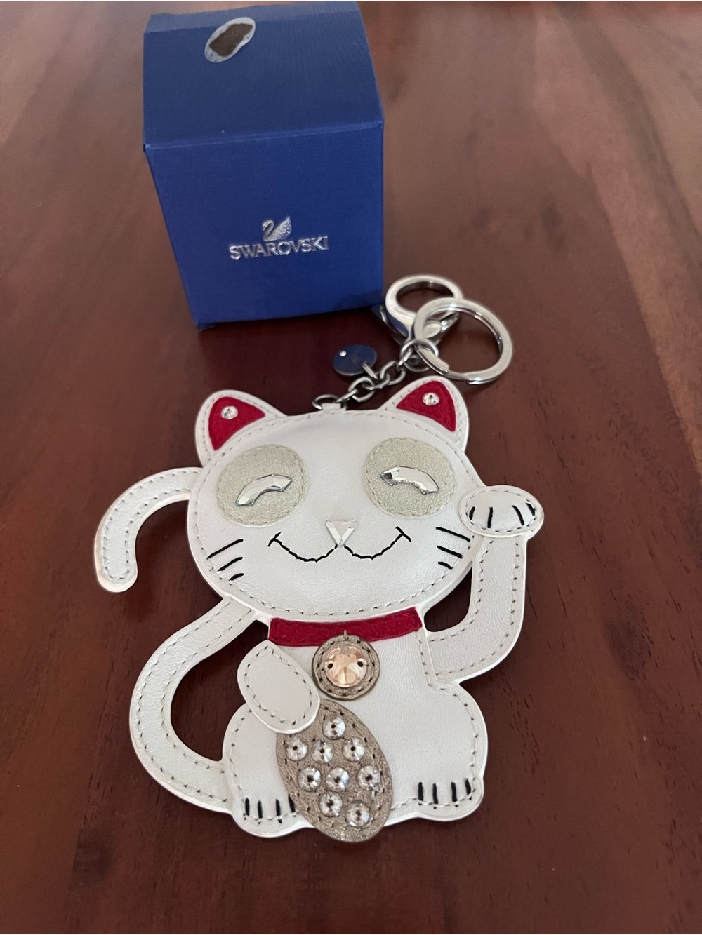 Rare Swarovski Crystal leather bag purse charm lucky cat Maneki Neko key chain - Picture 6 of 6